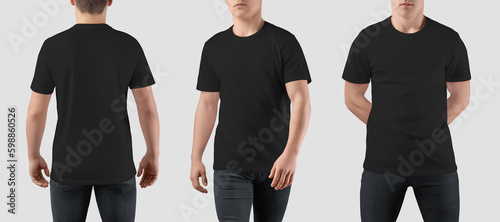 Mockup of fashion black t-shirt on a posing guy, men's shirt, isolated on background, front, back view. Set