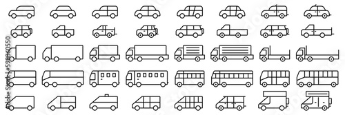 Fotobehang Vector set illustration of simple deformed various types of car icons pictograms