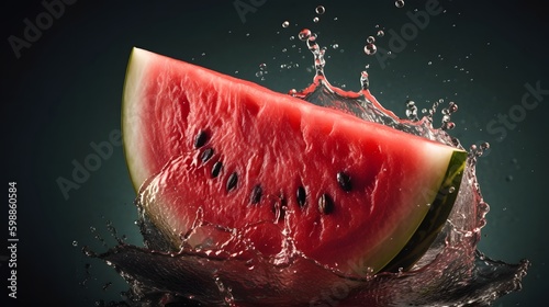 Flying watermelon slice with water splash, Water splashing on Sliced of watermelon, AI generated