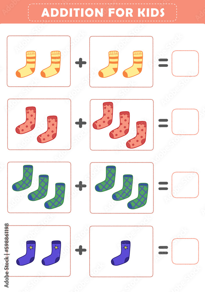 Counting educational children game. Math kids activity sheet. Addition game with cute socks. Counting educational children game. Math kids activity sheet. Addition game with cute socks.