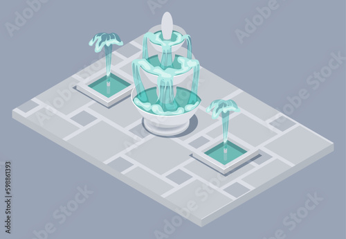 Isometric fountain with outdoor park cascade isolated vector illustration EPS10.