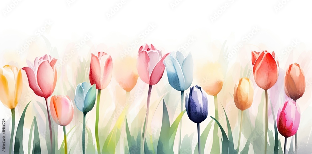 A cute and colorful watercolor tulip background with soft focus and lively hues. Perfect for decorative use. Generative AI - obrazy, fototapety, plakaty 