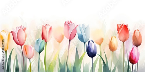 A cute and colorful watercolor tulip background with soft focus and lively hues. Perfect for decorative use. Generative AI #598861729