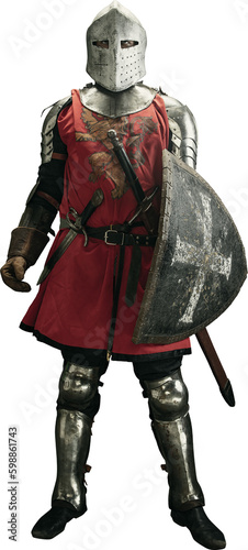Full length portrait of one strong man or medieval knight in armor and helmet with shield and sword posing isolated white png background. Noble warrior photo