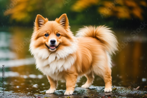 Cute German Spitz. Portrait of a beautiful German Spitz dog in the park. Generative AI