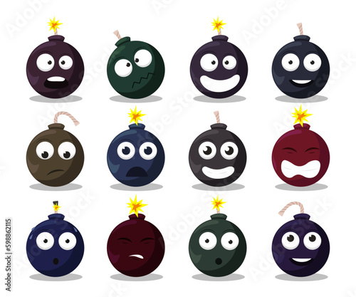 Cartoon bomb emotions set. Doodle explosive round weapon mascot with funny cartoon faces and expressions.