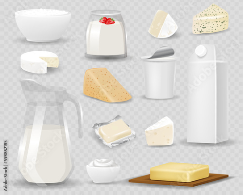 Dairy products isolated on realistic style vector illustration. Different natural milk drinks and food, 3d packaging with blank label, yogurt, butter and cheese