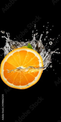 Orange fruit Slice with water splash on black background  Ai generated