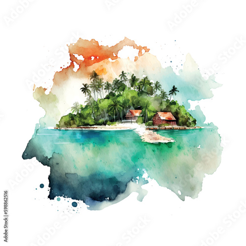 Watercolor scenic landscape maldives watercolor. White color background. Nature beauty. Aerial view. Luxury background. Summer seascape. Amazing nature background. Relax day.