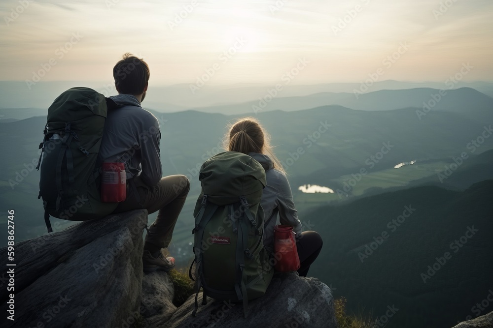 Hikers with backpacks sitting and relaxing on the top of a mountain, enjoying the beautiful view of the valley below. Generative AI Hikers with backpacks sitting and relaxing on the top of a mountain, enjoying the beautiful view of the valley below. Generative AI