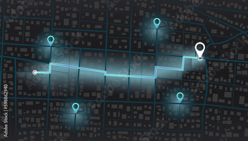 GPS navigator screen with street roads and location, destination points City top view. Online navigation. Flat style, Vector, illustration isolated. Urban highway plan, final destination