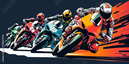 illustration of riding and race of a big bike in the circuit, the rider riding motorsport in the circuit. Ai generated © ranchuryukin