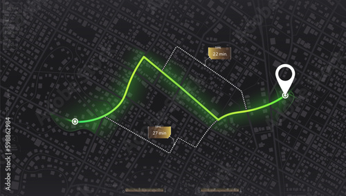 GPS navigator screen with street roads and location, destination points City top view. Online navigation. Flat style, Vector, illustration isolated. Urban highway plan, final destination