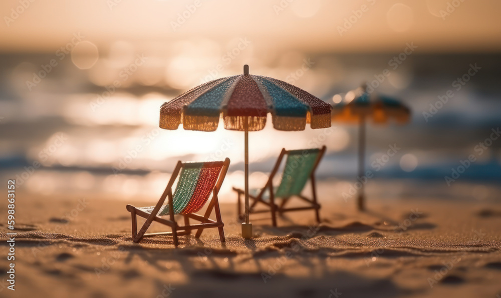 Tiny deck chairs and umbrellas on the beach - obrazy, fototapety, plakaty 