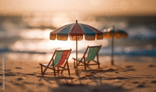 Tiny deck chairs and umbrellas on the beach