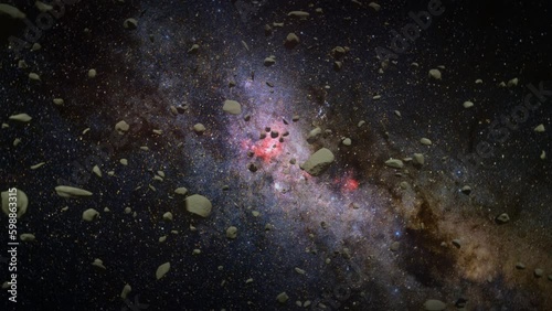 A cinematic fly through 3d animation of an asteroid field in space.