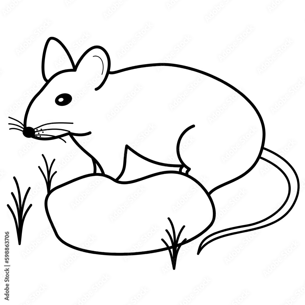 Black silhouette of mouse from side standing behind stone and grass Black silhouette of mouse from side standing behind stone and grass