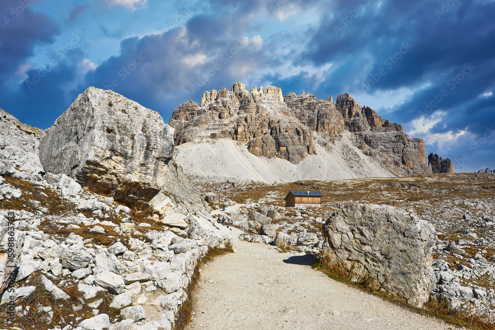 Fototapeta premium famous peaks of Tre Cime di Lavaredo National park, UNESCO world heritage site in Dolomites, Italy