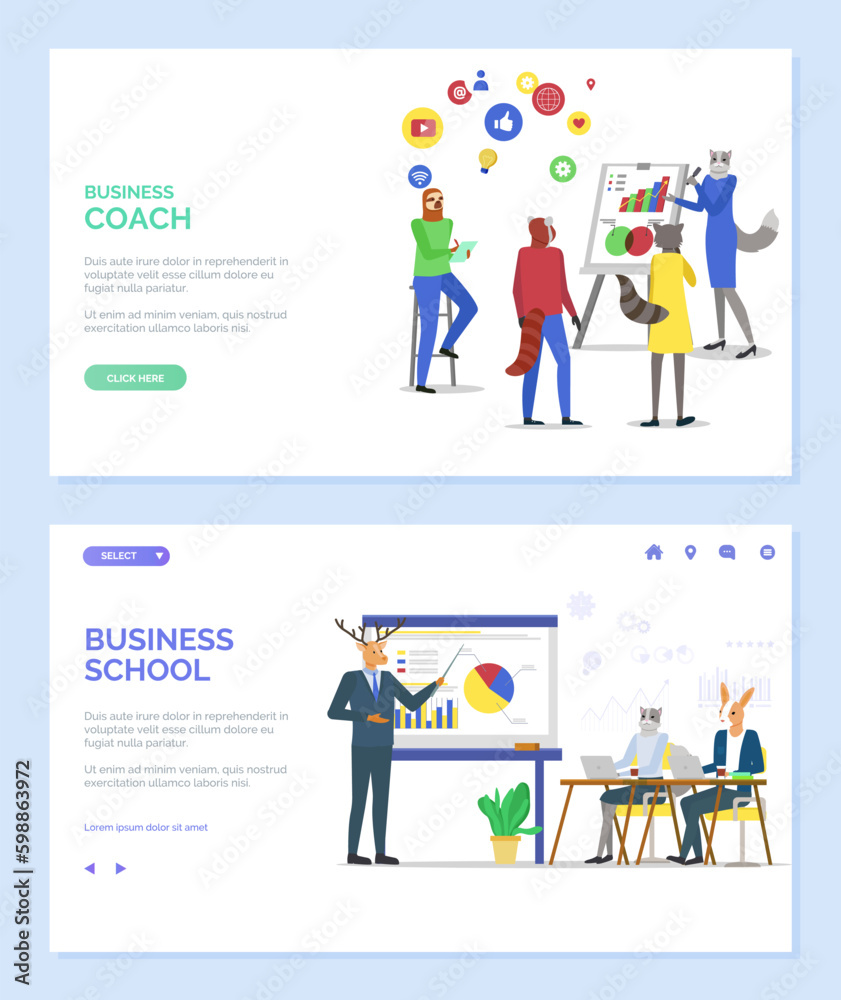 Business school vector, hipster animal teaching students. Deer giving presentation showing on board, listeners looking at whiteboard giving ideas. Website or webpage template, landing page flat style