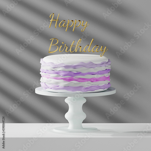 Cute birthday cake 3d colorful color Sweet cake with lettering font Happy Birthday for a surprise birthday, Valentine's, Day, on a white table. 3D render illustration design