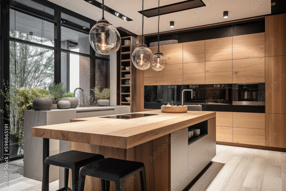 Kitchen island in modern luxurious kitchen interior. Created with Generative AI technology. - obrazy, fototapety, plakaty 