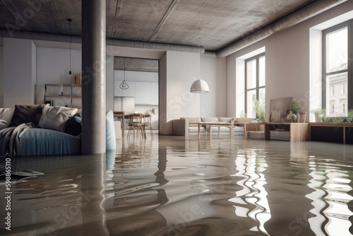 Flooded apartment with a lot of water on the floor. Created with Generative AI technology. photo
