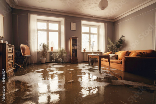 Flooded apartment with a lot of water on the floor. Created with Generative AI technology.