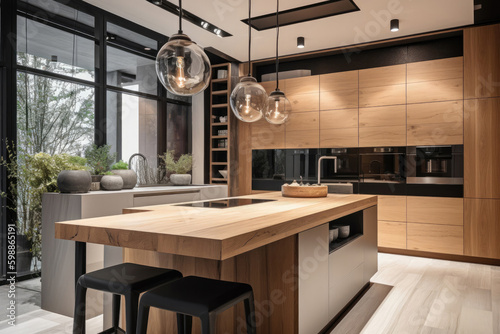 Kitchen island in modern luxurious kitchen interior. Created with Generative AI technology. photo