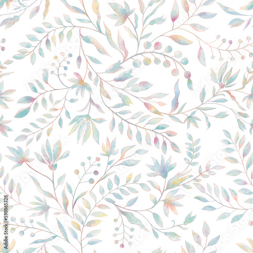 Digital painted multicolor allover seamless floral creepers and foliage on a white background