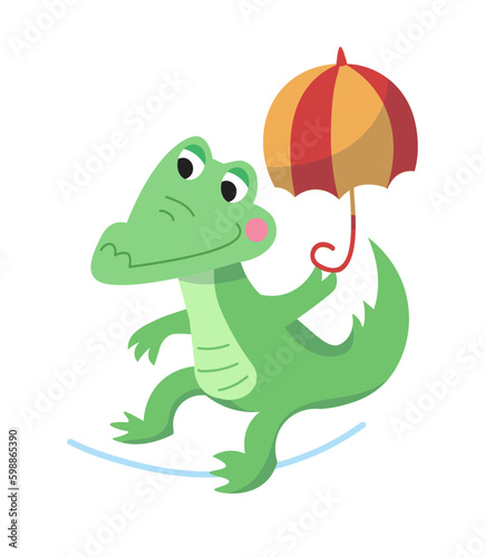 Cute crocodile with umbrella in circus on rope. Cartoon style illustration. Isolated character for design on white background. Vector illustration.