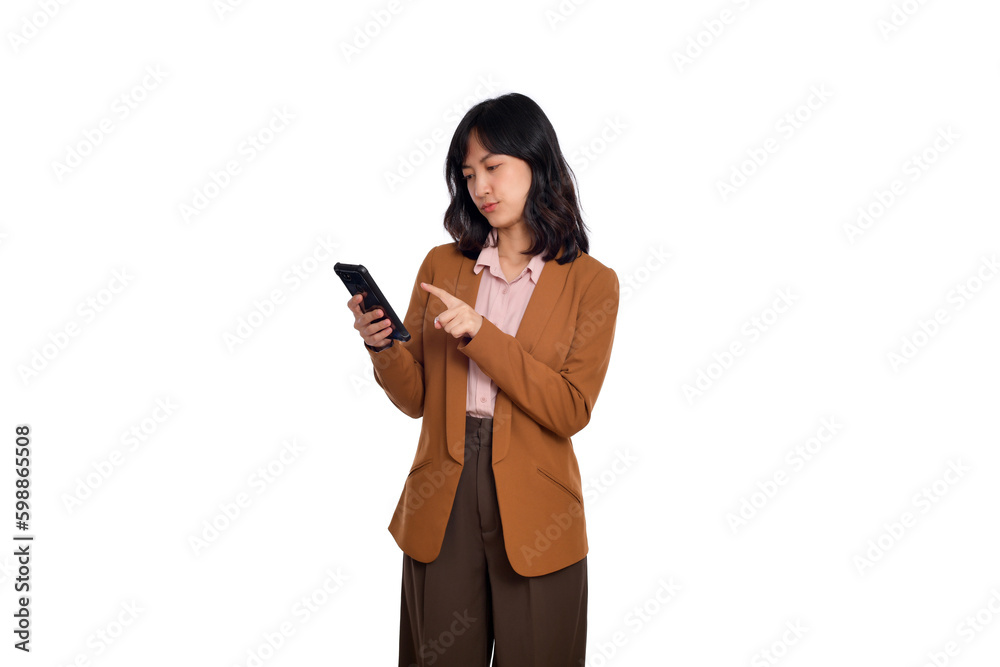 Happy young business asian woman holding a smartphone isolated on white background