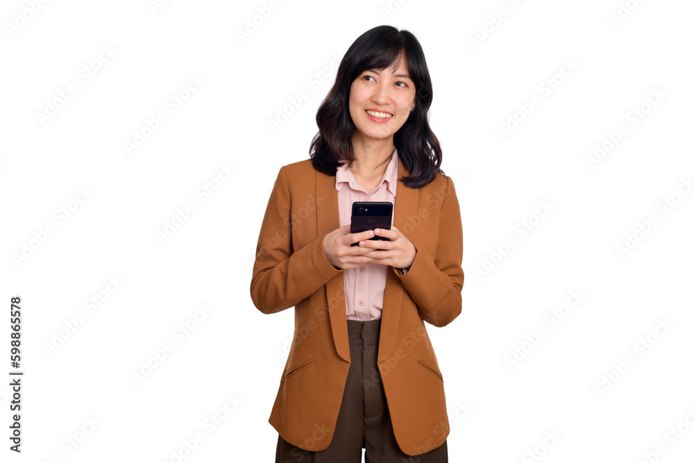 People and technology concept. Smiling asian girl using smartphone, texting on mobile phone, standing isolated against white background People and technology concept. Smiling asian girl using smartphone, texting on mobile phone, standing isolated against white background
