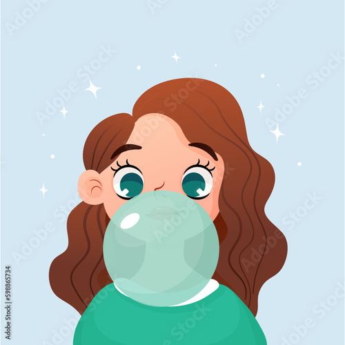 Girl with the mint flavor chewing cute cartoon bubble gum