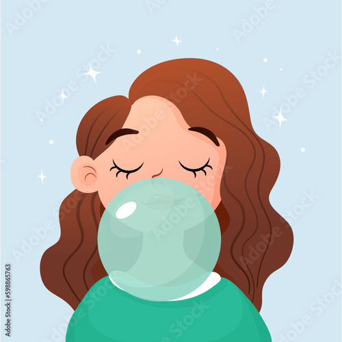 Girl with the mint flavor chewing cute cartoon bubble gum