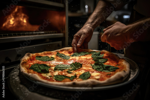 Taste of Italy. A pizzaiolo Chef from Naples Showcasing a Delicious Piping Hot Pizza. Copy Space. Neapolitan Gastronomy AI Generative