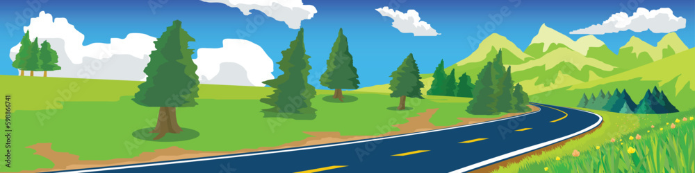 Copy Space Flat Vector Illustration. of curved asphalt road and wide open fields. Two side of the road is full of fields and flowers. big high hills switch back and forth. Blue sky and white clouds.