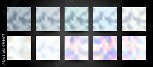 Shiny silver seamless foil patterns set. White gold metallic backgrounds, elegant gradient mesh holographic papers collection. Chrome, rainbow metal design elements for web, decor, Generative AI