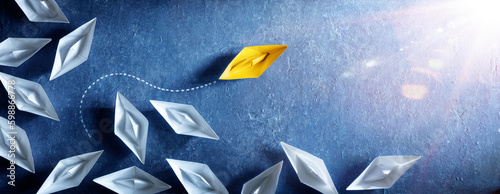 Yellow Paper Boat Change Direction - Leadership Vision And Opportunity - Sailing Against The Tide