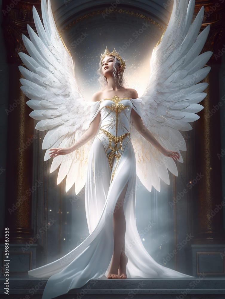 An angel with white wings and a golden crown stands out in front of a ...