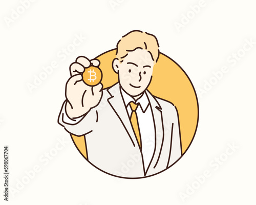  businessman show gold coin, bit coin, BTC, new currency system concept. Hand drawn style vector design illustrations.