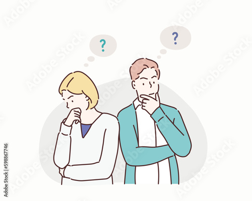 Young troubled couple. Confused woman and man thinking together. Hand drawn style vector design illustrations.
