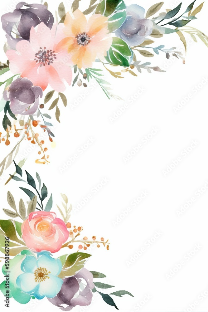 Water Color Pastel Flower and bloom, Wedding decorative perfect rectangle frame border, AI Generative