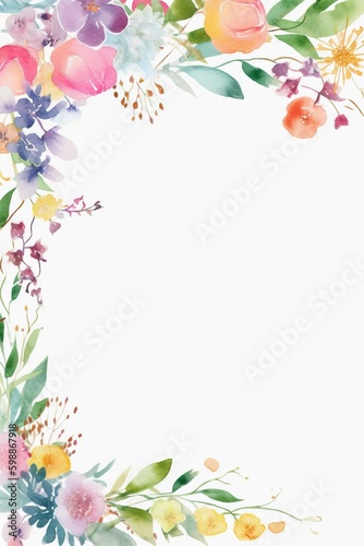 Water Color Pastel Flower and bloom, Wedding decorative perfect rectangle frame border, AI Generative