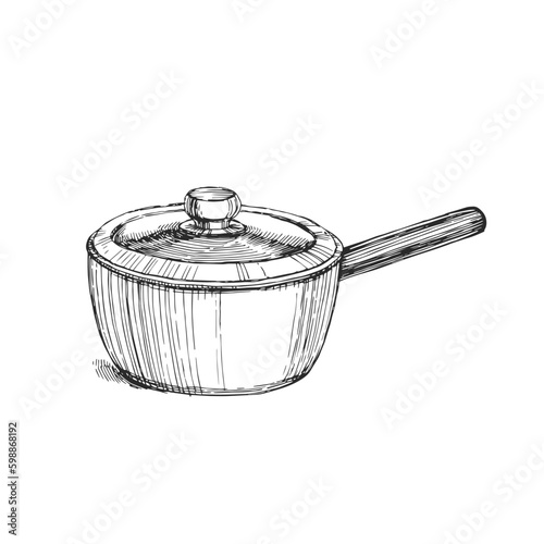 Vector hand-drawn illustration of a saucepan covered with a lid. Sketch details of kitchen utensils.