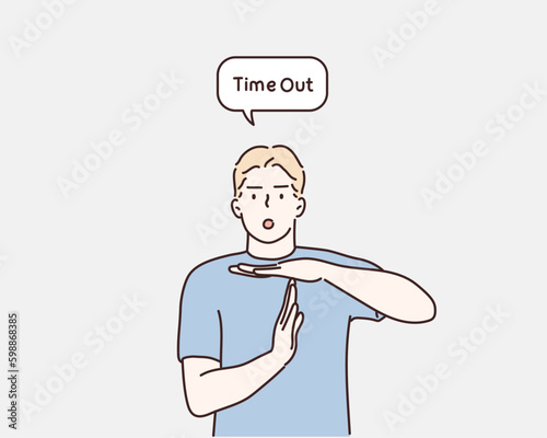 man upset showing a timeout gesture, needs stop, asks time for rest after hard work, demonstrates break hand sign. Hand drawn style vector design illustrations.