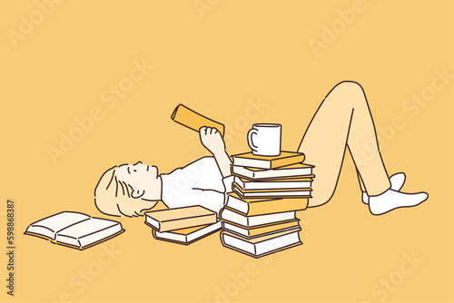 Woman lying down with book reading. Hand drawn style vector design illustrations.