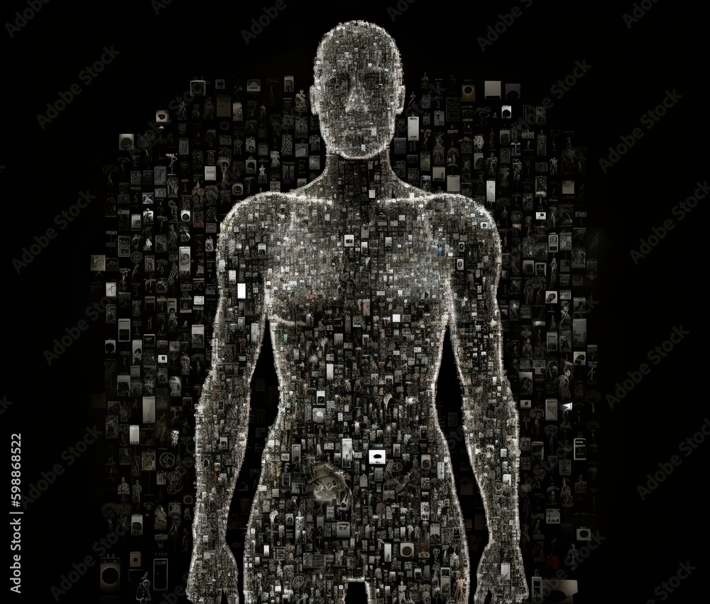  human body made up of many media icons, in the style of stylized portraiture, modular sculpture, ominous vibe, 