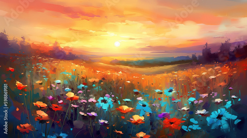 Landscape of a meadow at sunset with wildflowers and a beautiful sky. Oil painting in the impressionistic style. AI generative illustration. © Osadchyi_I