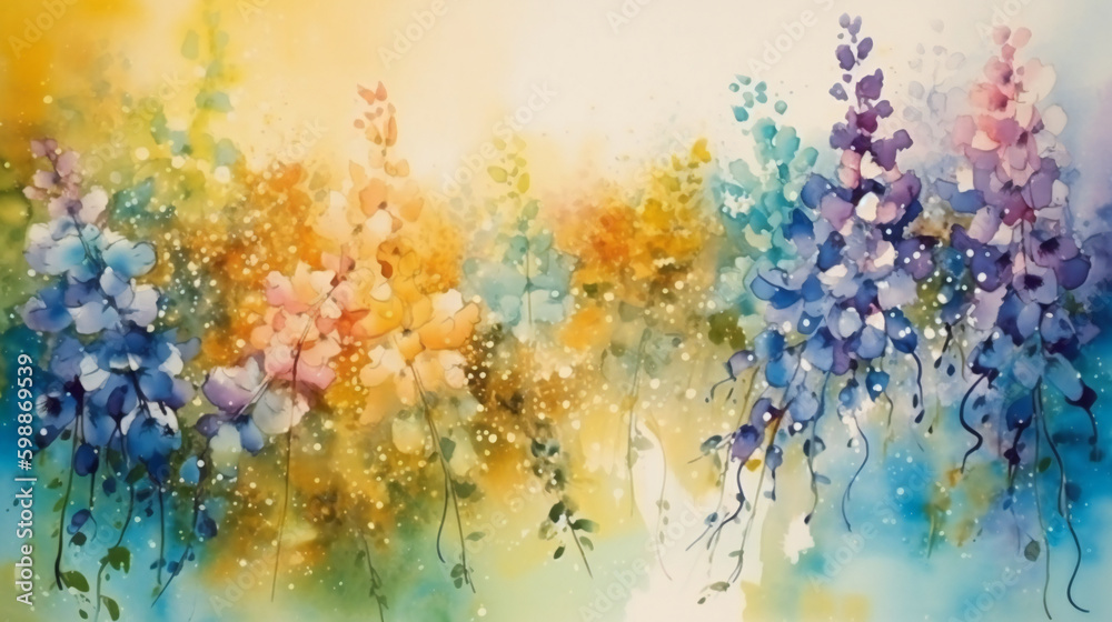 Beautiful spring flowers Wisteria. Abstract flowers watercolor painting. AI generative illustration.