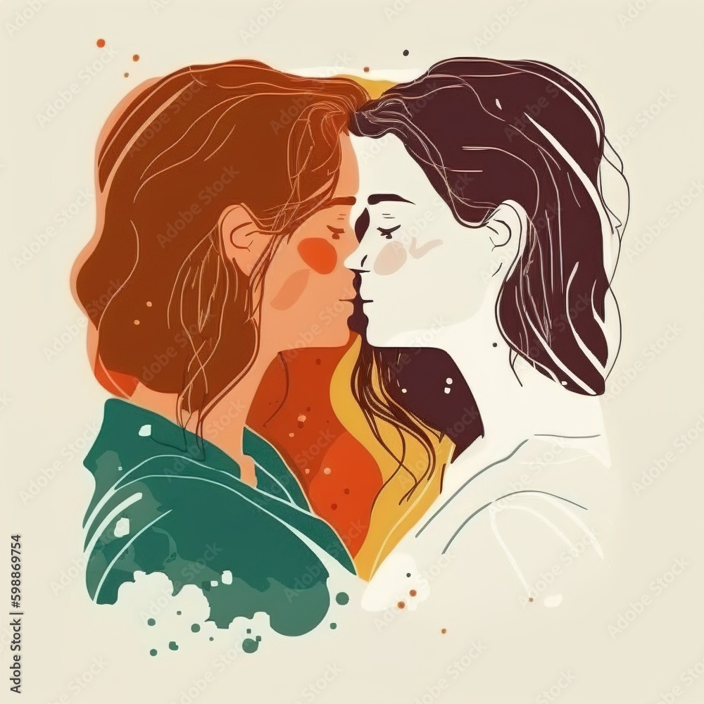 Generative AI, LGBT couple kissing in an illustration composed of many flat colors.